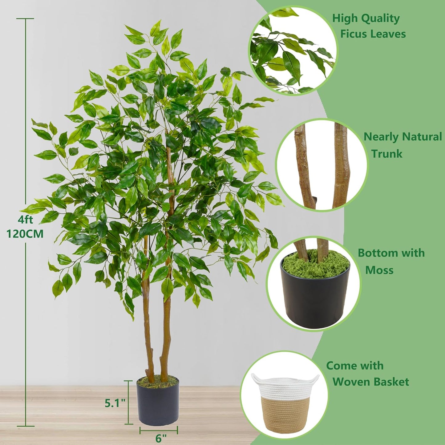 Warmplants Artificial Ficus Tree, 7ft Silk Fake Ficus Leaves Plant with Basket, Indoor Outdoor Faux Green Tree for Home Garden Office House Livingroom Décor
