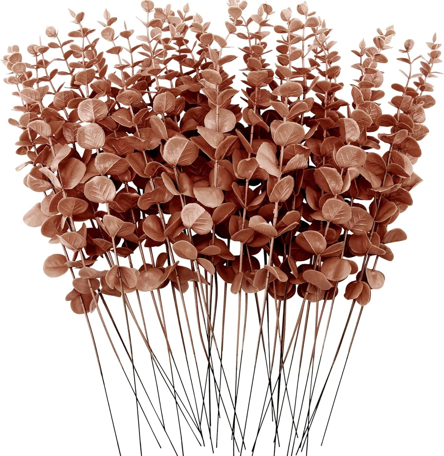 FEQO 36 Pcs Artificial Eucalyptus Stems Dark Brown Leaves Faux Eucalyptus Stems Branches 15 inch for Wedding Bouquet Home Deco