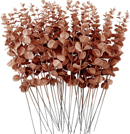 FEQO 36 Pcs Artificial Eucalyptus Stems Dark Brown Leaves Faux Eucalyptus Stems Branches 15 inch for Wedding Bouquet Home Deco