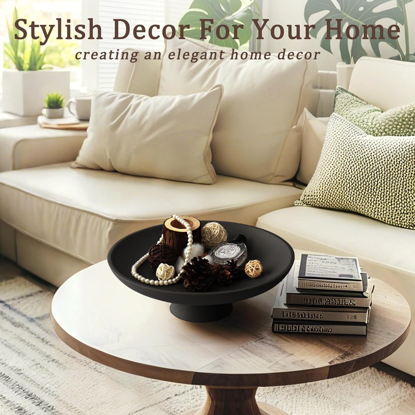 YMXYJM Modern Resin Pedestal Decorative Bowl, Large Fruit Bowl for Kitchen Counter, Stylish Key Bowl for Entryway Table, Beige