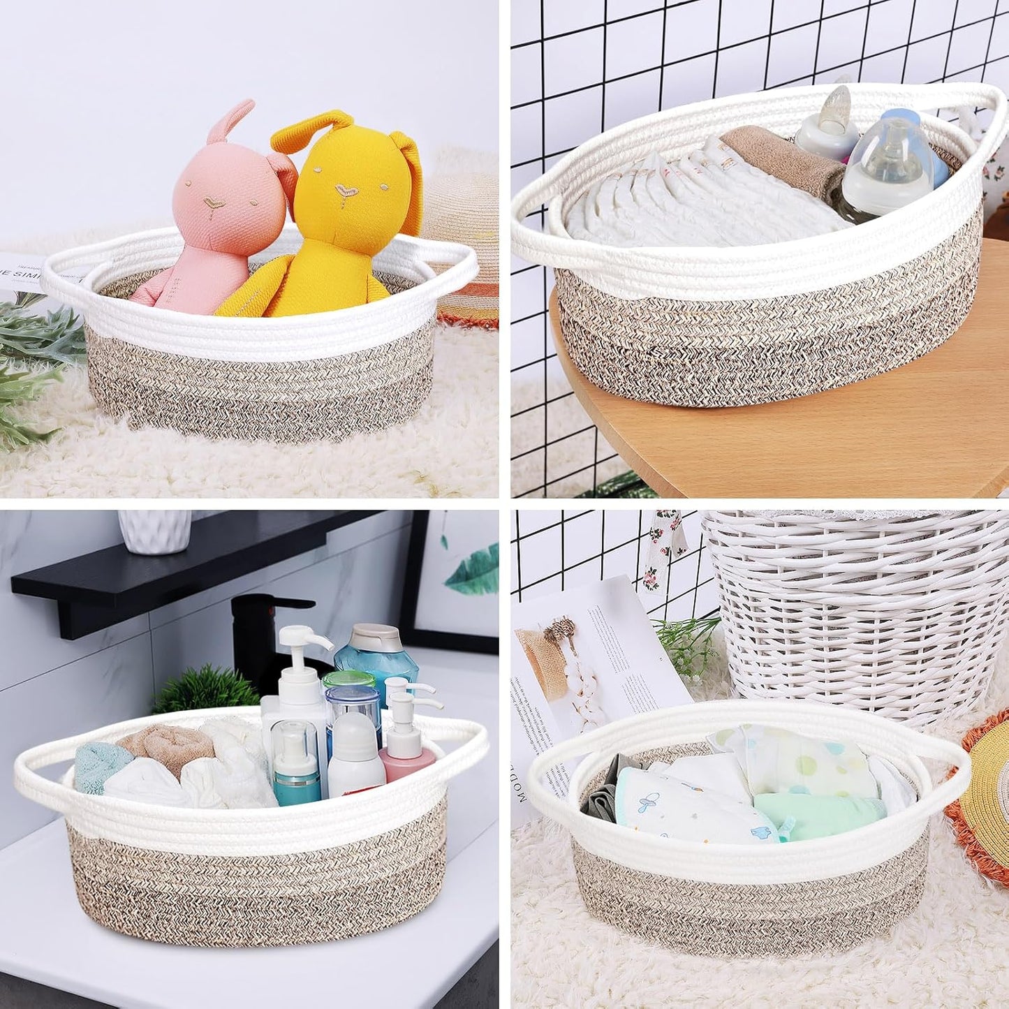 ABenkle Small Basket with Handles, Boho Decorative Rope Woven Dog Cat Toy Storage Bin Shelf Storage Organizer, Easter Christmas Gift Basket, 12"x8"x5", White