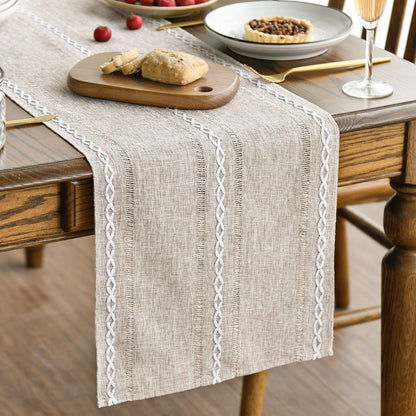 Artoid Mode Beige Rustic Cotton Linen Table Runner, Seasonal Embroidered Hollow Kitchen Dining Table Decoration for Home Party Decor 13x72 Inch