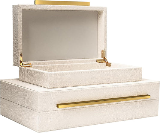 Sagala Set of 2 Ivory Shagreen Decorative Boxes With Black Metal Handles, Faux Leather Jewelry Boxes Modern Storage Boxes Photo Boxes Memory Boxes Home Organizer Box(Ivory)