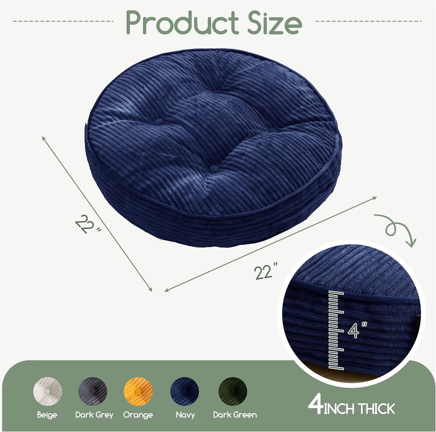 HIGOGOGO 6" Extra Thick Floor Pillow Cushion for Adults, Meditation Cushion Pillow, Large Square Floor Sitting, Tufted Corduroy Cover, for Tatami Living Room or Yoga, 22x22 Inch, 2Pack, Dark Grey
