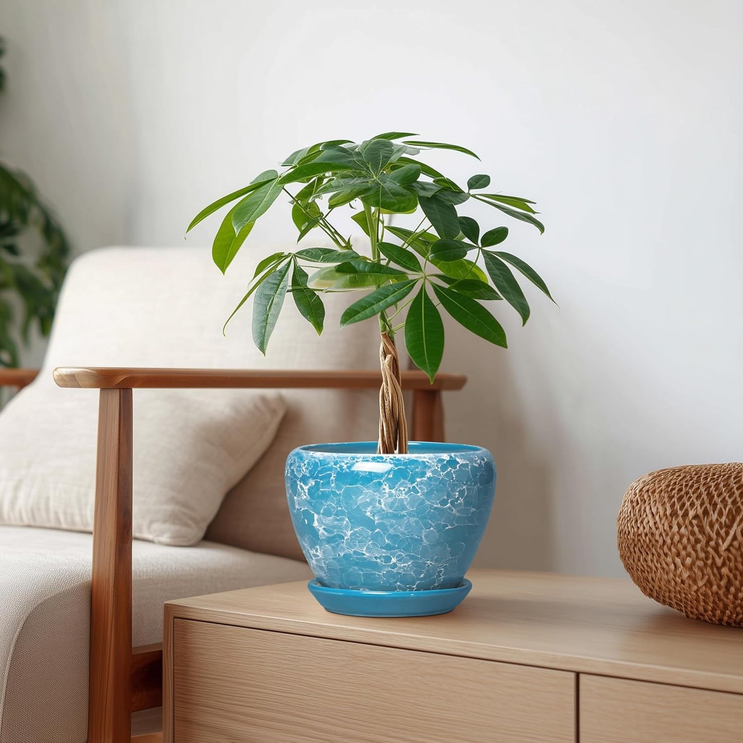 6 Inch Plant Pot - Ceramic Pots for Plants with Drainage Hole and Saucer, Round Succulent Planter Indoor Outdoor, Modern Flower Pot for Snake Plants, Home Decor, Gifts for Plant Lover, Blue