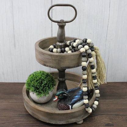 CVHOMEDECO. Wood Beads Garland with Tassels Farmhouse Rustic Wooden Prayer Bead String Wall Hanging Accent for Home Festival Decor. Mix Distressed
