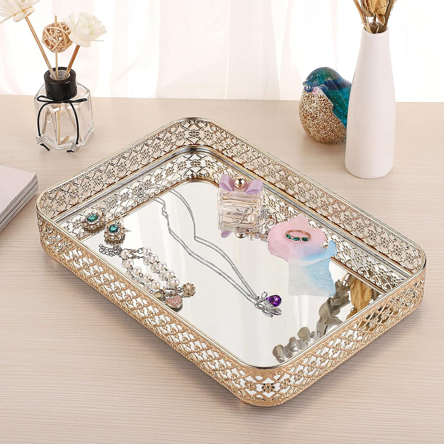 ELLDOO Perfume & Makeup Vanity Tray - Hollow-Carved Jewelry Storage, Glass & Metal Trinket Organizer for Dresser & Bathroom Countertop, Gold, Medium Size