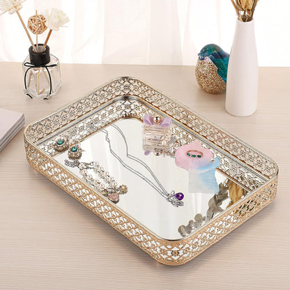 ELLDOO Perfume & Makeup Vanity Tray - Hollow-Carved Jewelry Storage, Glass & Metal Trinket Organizer for Dresser & Bathroom Countertop, Gold, Medium Size