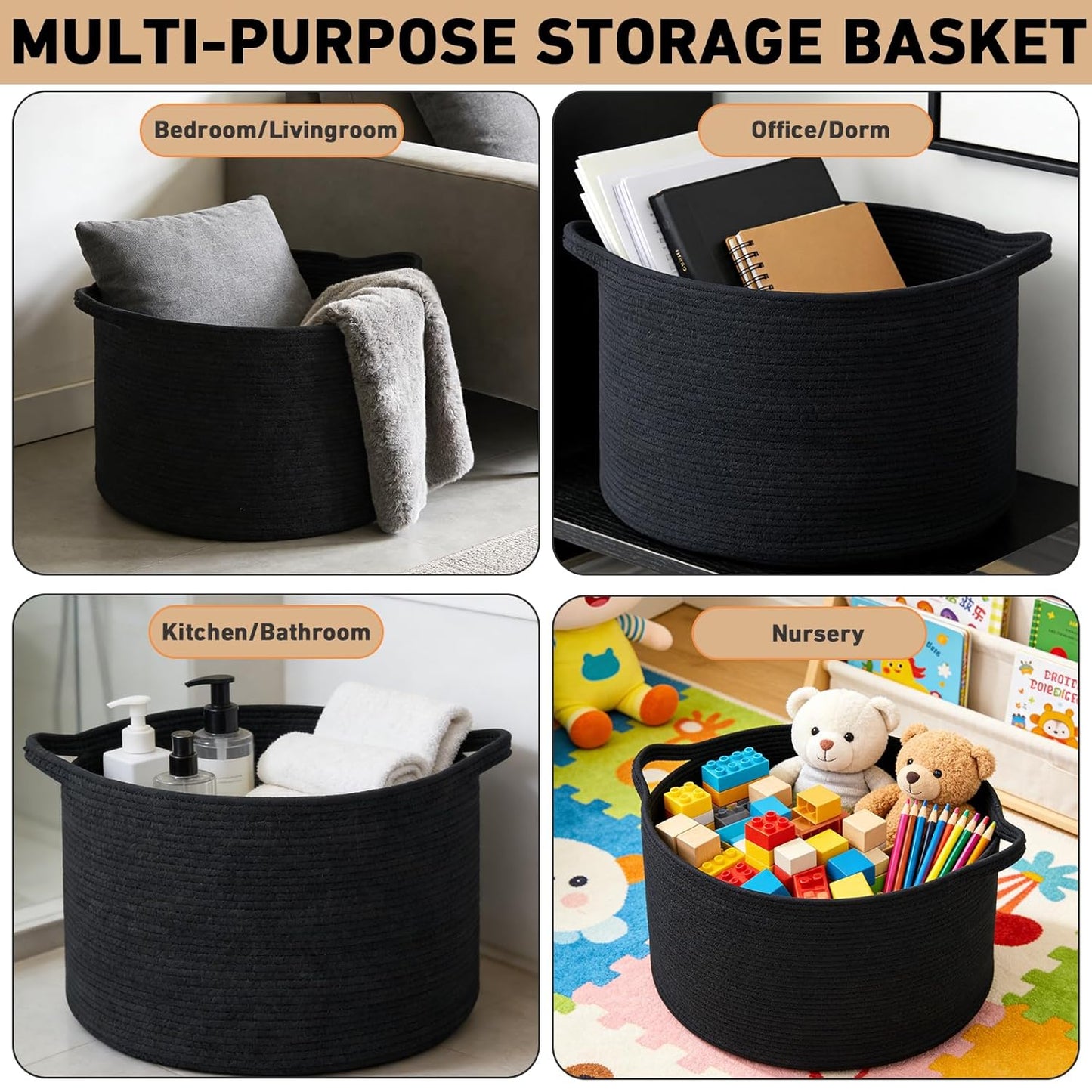 Large Woven Blanket Basket,65L Cotton Rope Laundry Basket Hamper with Handles, Decorative Nursery Basket Storage Bin for Toys, Clothes Organizer, Living Room, Bedroom, Bathroom, White & Brown