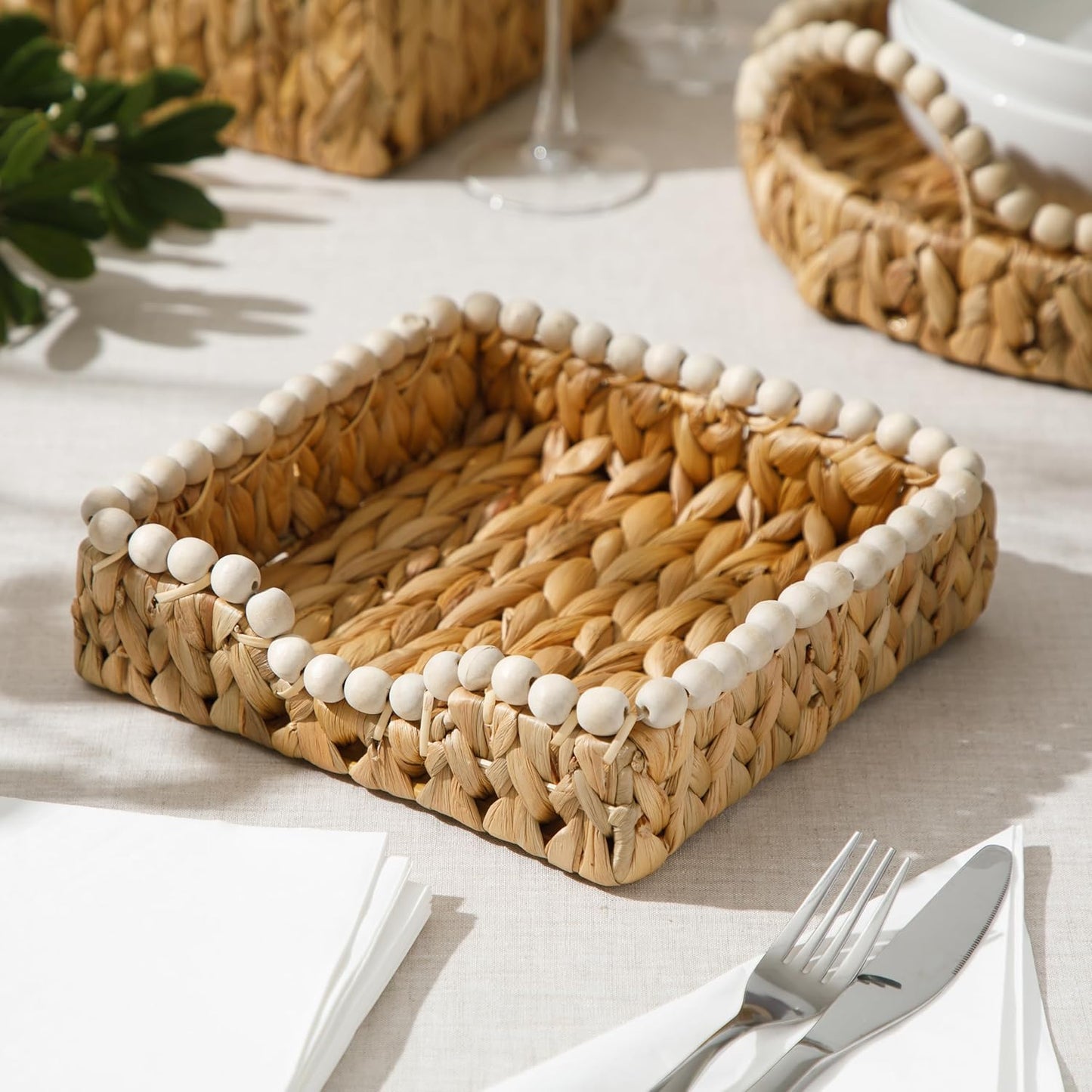 Gibson Home Riverrun Grove 17" Woven Decorative Serving Tray – Large Natural Water Hyacinth Basket w/Wood-Bead Trim & Handles for Coffee Table Décor, Ottomans, Centerpieces & Kitchen Counter Display