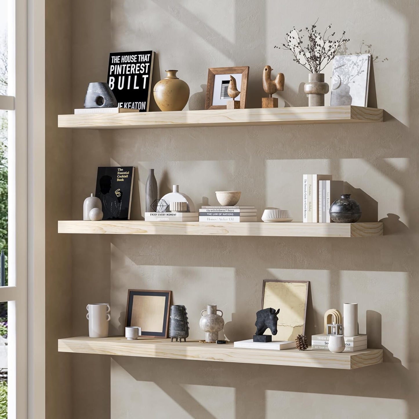 Floating Shelves 36 Inches Long - 8 Inch Deep Rustic Premium Solid Pine Wood for Storage - Farmhouse Wall Mounted for Living Room - Heavy-Duty Metal Bracket - 36" W x 8" D - Set of 2 - White Color