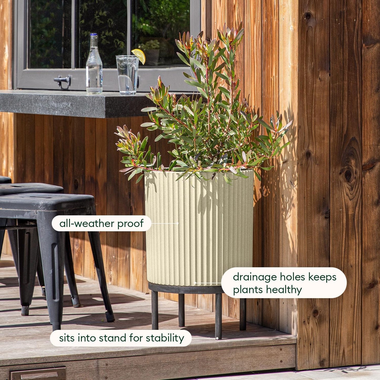 Veradek Demi Series Round Planter w/ Stand for Porch/Patio | Durable Plastic-Concrete & Wooden Stand | Modern Décor for Tall Plants, Flowers