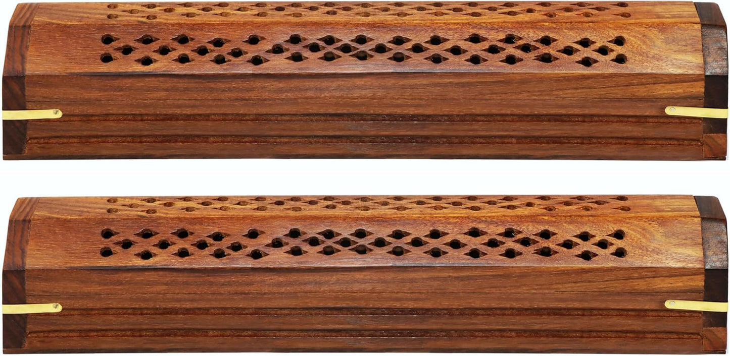 Sheesham Wood Incense Burner - Handmade Coffin Style Sun and Moon Inlay Incense Holder - Aromatherapy Room Freshener Cone Incense Stick Burner Ash Catcher - Zen Home Gift - 12x2x2 - COTTON CRAFT