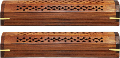 Sheesham Wood Incense Burner - Handmade Coffin Style Sun and Moon Inlay Incense Holder - Aromatherapy Room Freshener Cone Incense Stick Burner Ash Catcher - Zen Home Gift - 12x2x2 - COTTON CRAFT