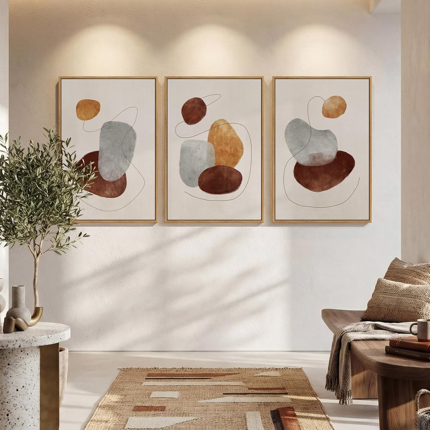 Large Framed Neutral Abstract Wall Art for Living Room, 3 Piece Modern Canvas Prints Paintings Artwork for Walls, Black and Beige Pictures for Living Room Hallway Stair Office Wall Decor 24x36 Inch