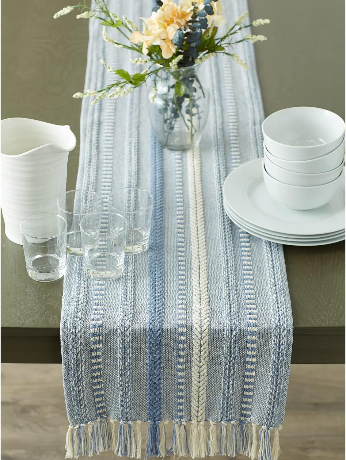 DII Farmhouse Braided Stripe Table Runner Collection, 15x72 (15x77, Fringe Included), Black
