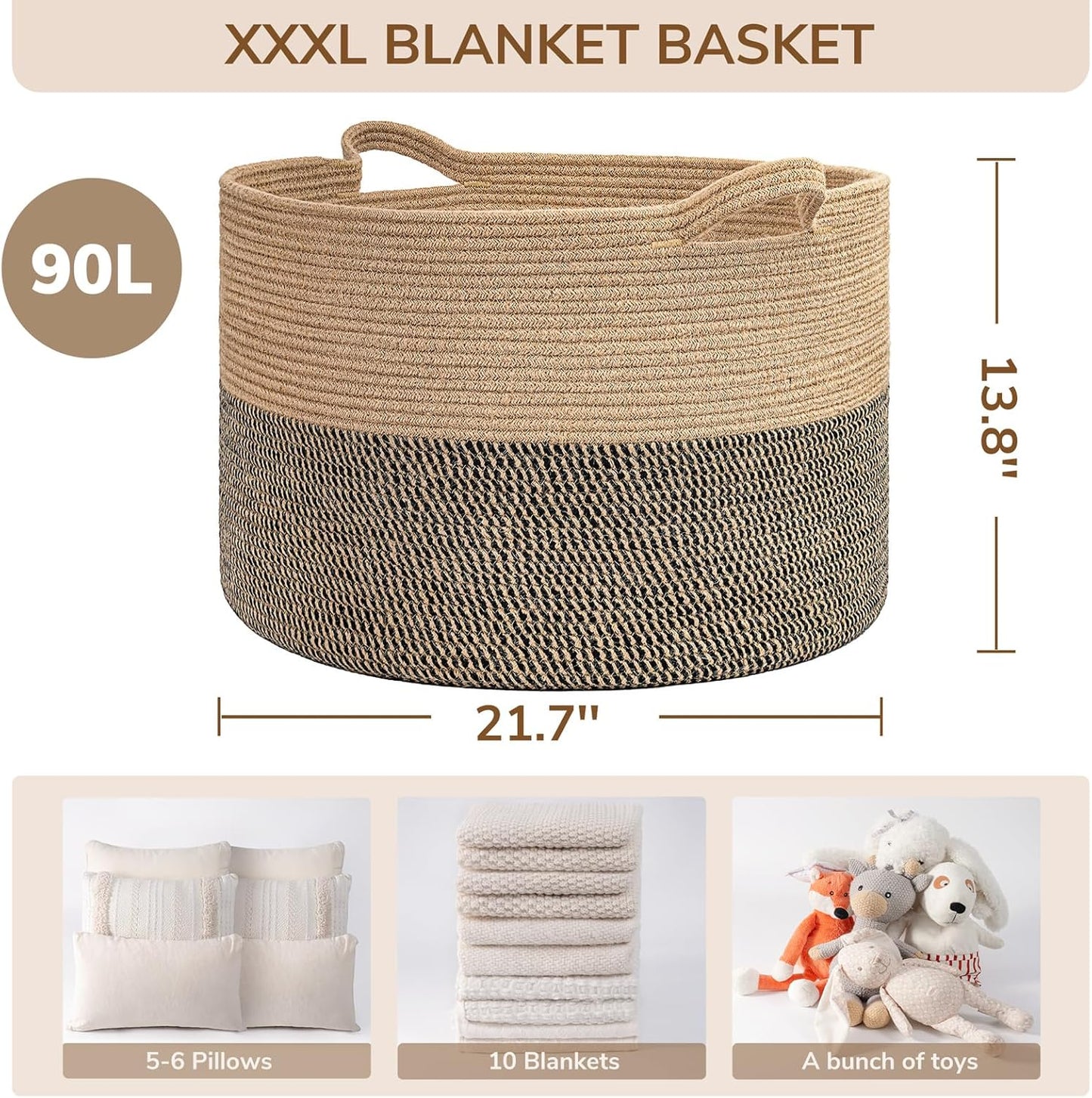 INDRESSME XXXLarge Blanket Basket for Living Room 21.7" x 21.7" x 13.8"-Storage Basket with Handle for Organizing Toy Pillows Woven Cotton Rope Laundry Basket Stuffed Animal Toy Storage for Play Room