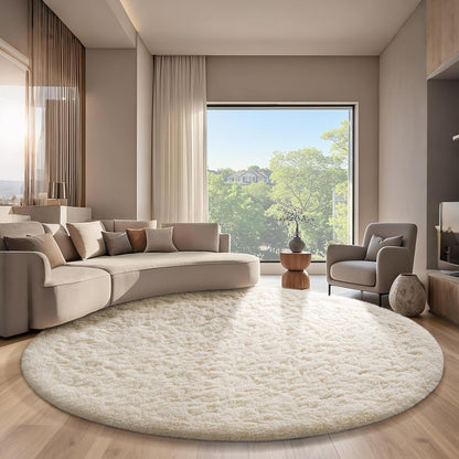 Ophanie Round Rugs 5Ft Ivory Circle Area Rug, Nursery Room Decor, Christmas Aesthetic Bedroom Home Circular Carpet 5 Foot, Fluffy Fuzzy Shag Plush Cream Living Room Rugs for Kids Boys Girls Teen Baby