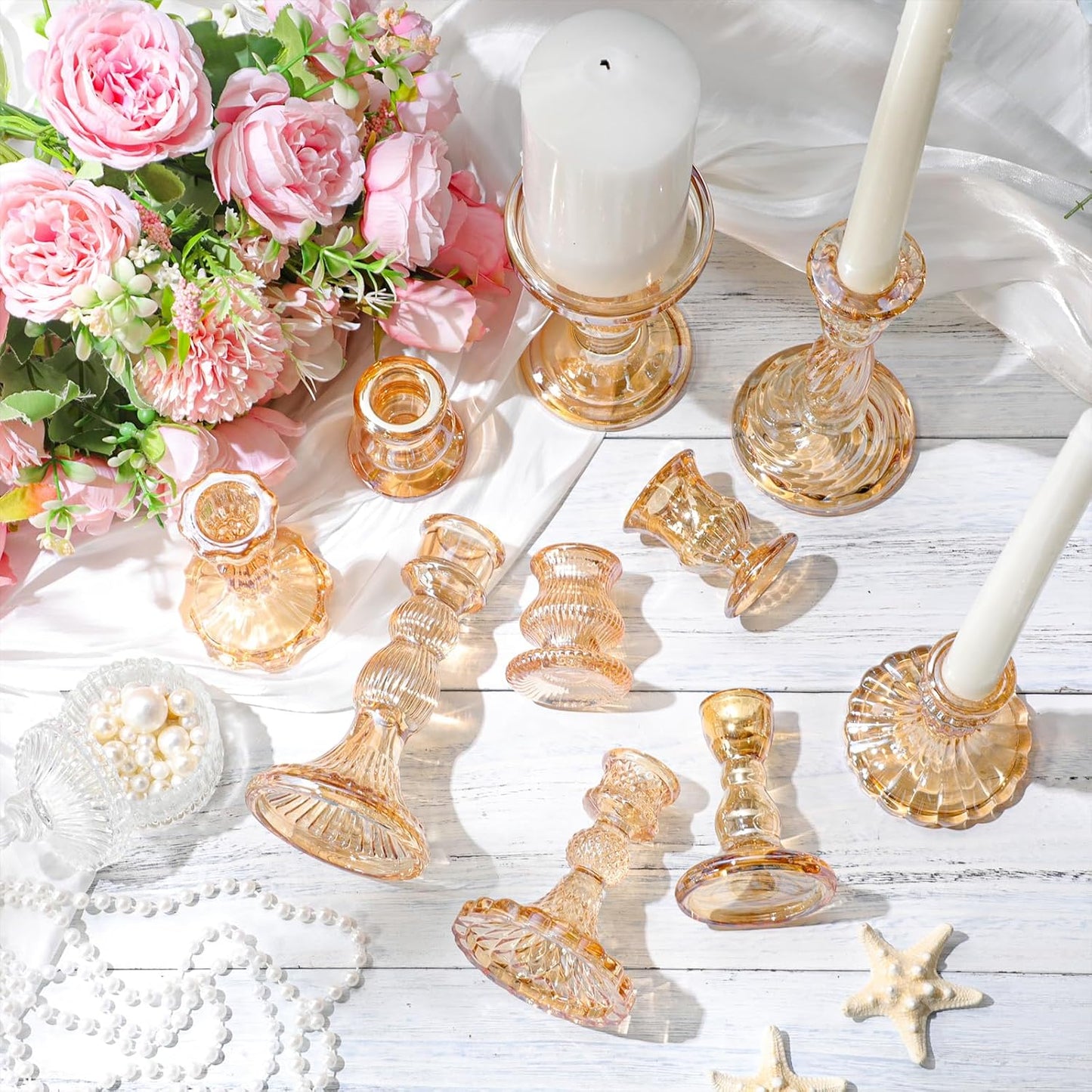 Mumufy 10 Pcs Glass Crystal Taper Candle Holders Clear Glass Candlestick Holder Fit 0.8 Inch Candles Crystal Decorative Candle Stand Centerpiece Table Wedding Dining Party (Classic,Clear)