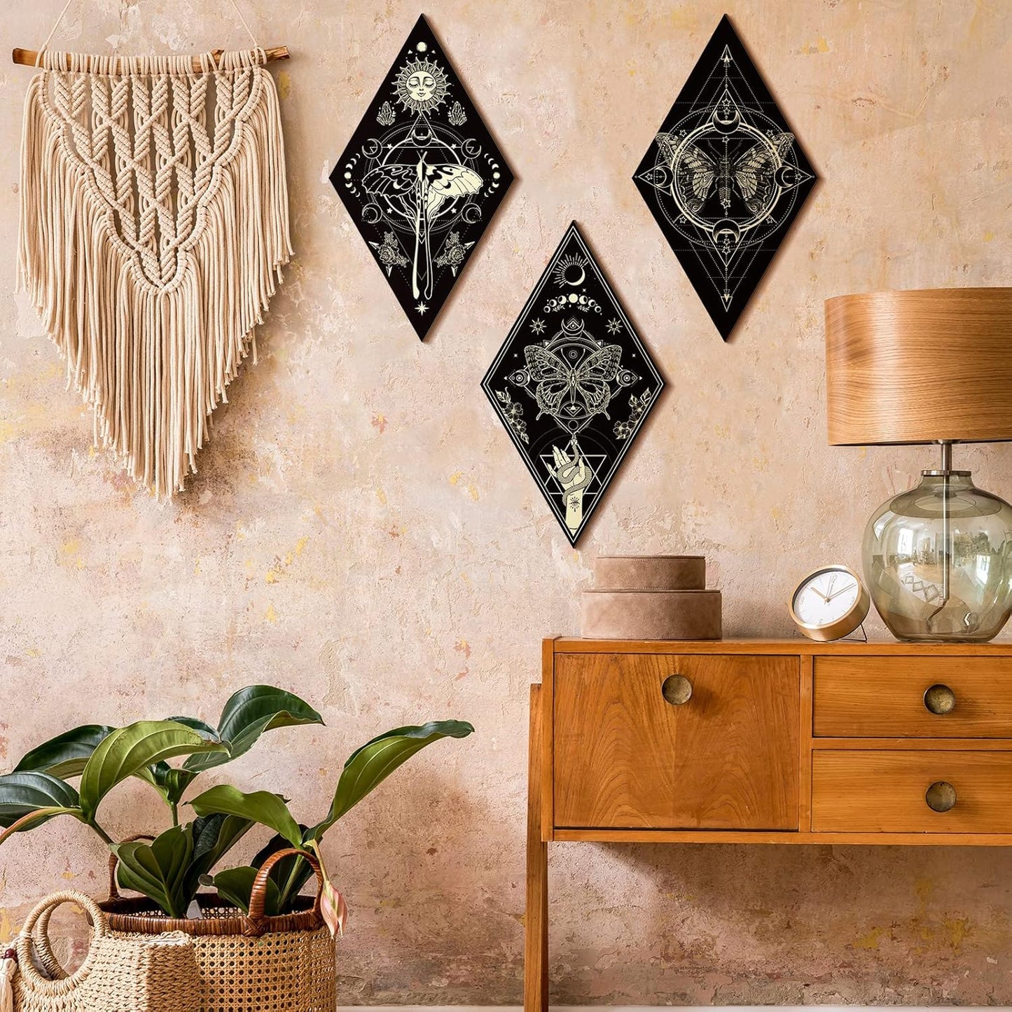 Sintuff 6 Pieces Gothic Wall Decor Boho Sun Moon Phases Wall Art Gothic Minimalist Stars Sun Hanging Wooden Home Decor Farmhouse Pediments for Gallery Living Bedroom Room(Mushroom)