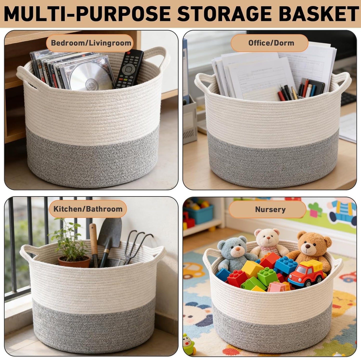 Large Woven Blanket Basket,65L Cotton Rope Laundry Basket Hamper with Handles, Decorative Nursery Basket Storage Bin for Toys, Clothes Organizer, Living Room, Bedroom, Bathroom, White & Brown