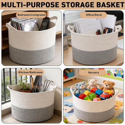Large Woven Blanket Basket,65L Cotton Rope Laundry Basket Hamper with Handles, Decorative Nursery Basket Storage Bin for Toys, Clothes Organizer, Living Room, Bedroom, Bathroom, White & Brown