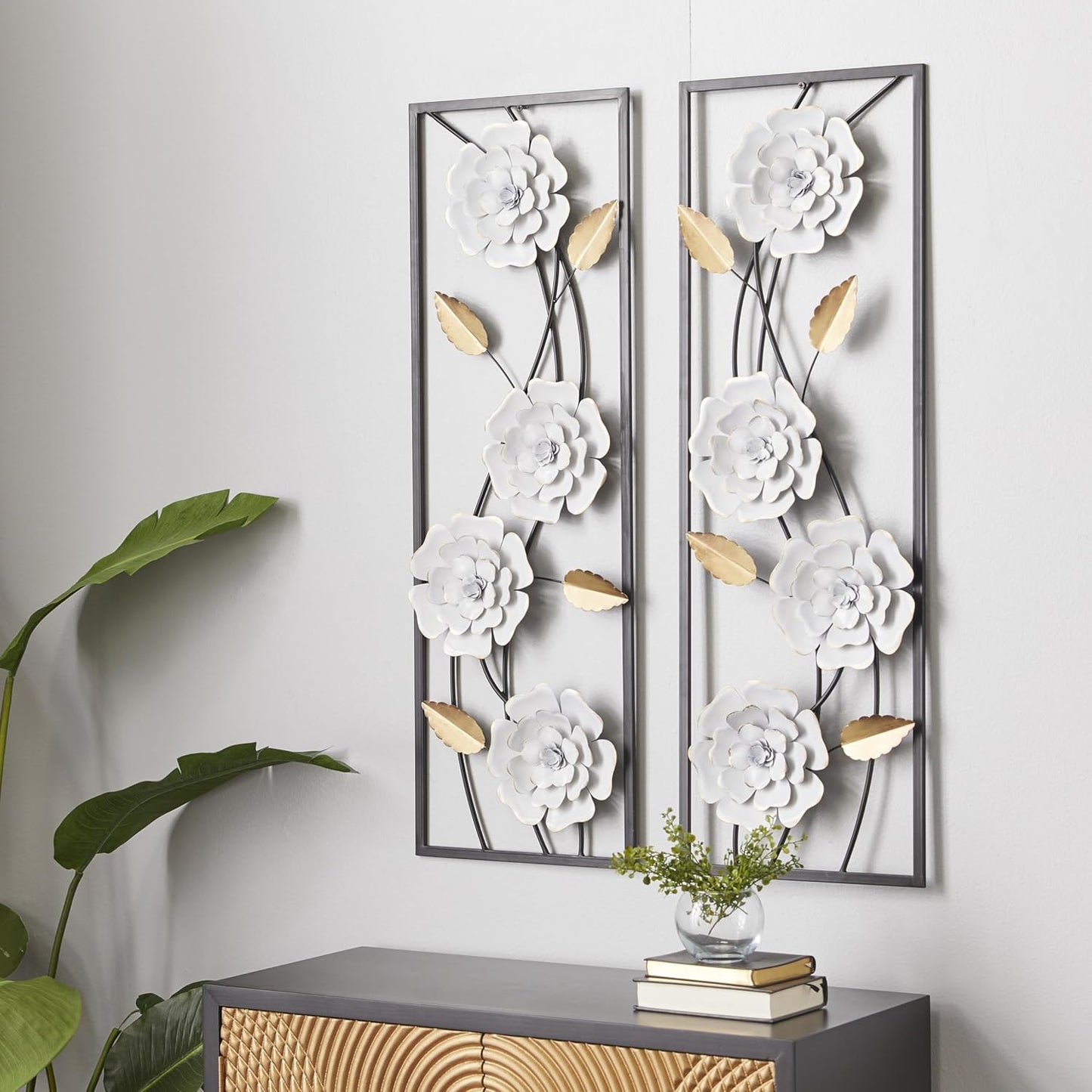 Deco 79 Metal Floral Home Wall Decor Dimensional Floating Wall Sculpture with Black and Gold Accents, Set of 2 Wall Art 12"W, 36"H, White & Gray