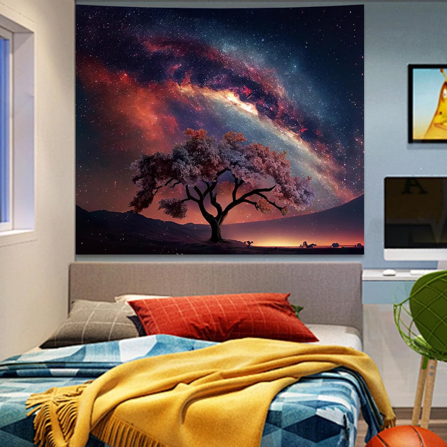 Apdidl Forest Galaxy Starry Tapestry for Bedroom Ceiling, Blue Space Night Starry Sky Moon Stars Tapestry Aesthetic, Tree Forest Milky Way Backdrop Wall Hanging for Dorm Living Room Decor (51" X 60")
