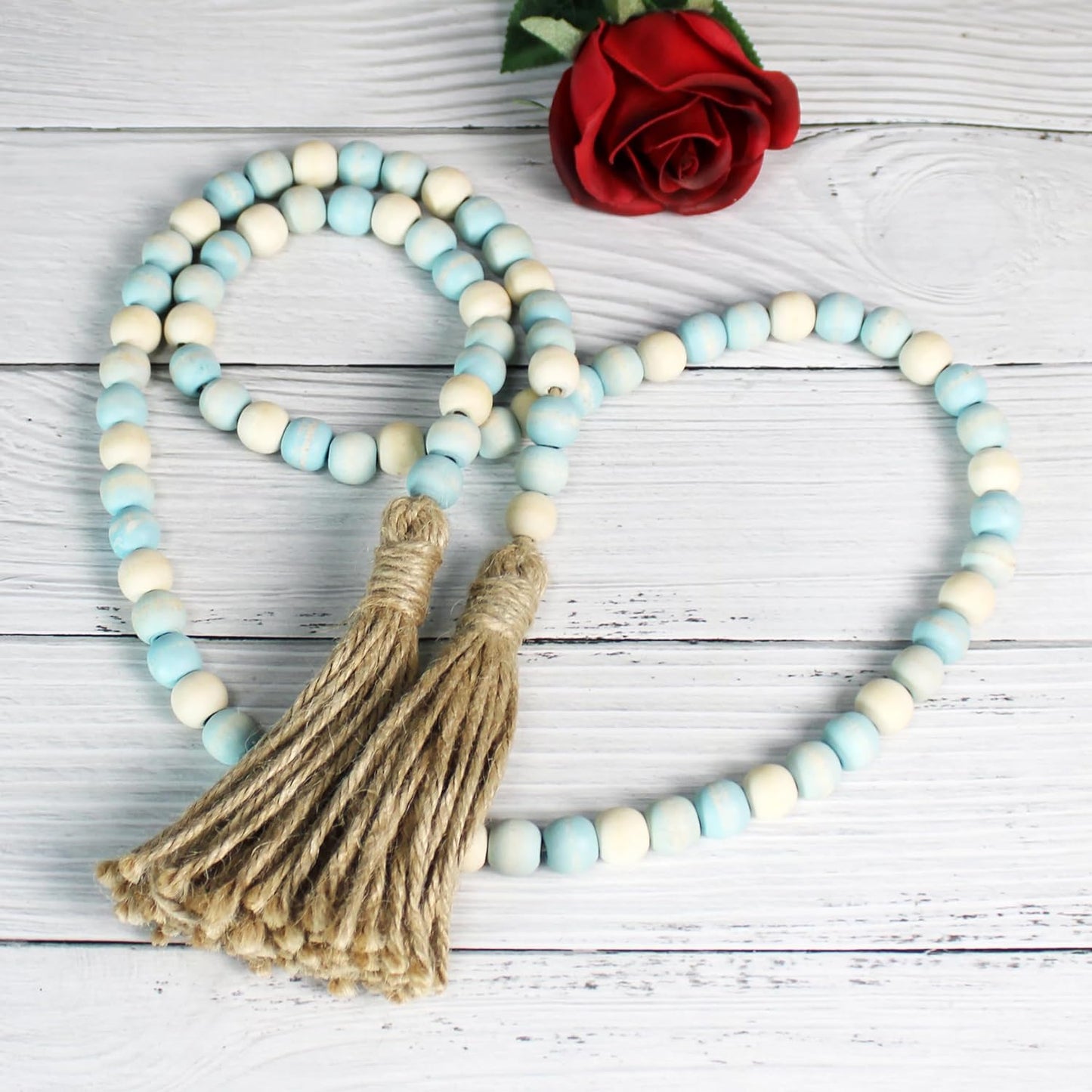 CVHOMEDECO. Wood Beads Garland with Tassels Farmhouse Rustic Wooden Prayer Bead String Wall Hanging Accent for Home Festival Decor. Mix Distressed
