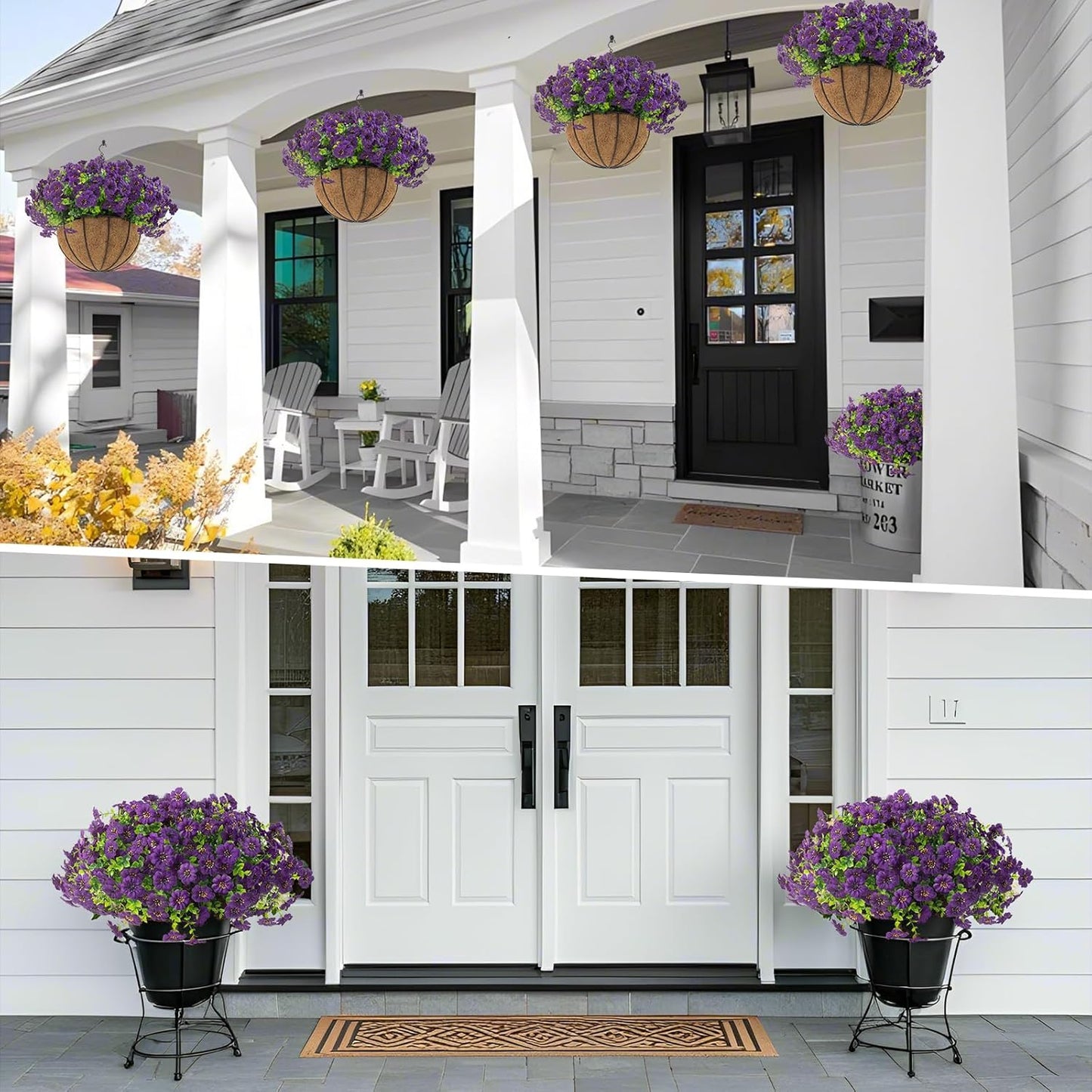 Hananona 2 Set Artificial Outdoor Flowers with Hanging Basket, 2 Hanging Planters with 24 Pcs Flowers for Spring Summer Front Porch Garden Patio Home Decor (2, Red, Purple, Yellow, Rose Red)