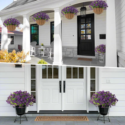 Hananona 2 Set Artificial Outdoor Flowers with Hanging Basket, 2 Hanging Planters with 24 Pcs Flowers for Spring Summer Front Porch Garden Patio Home Decor (2, Red, Purple, Yellow, Rose Red)