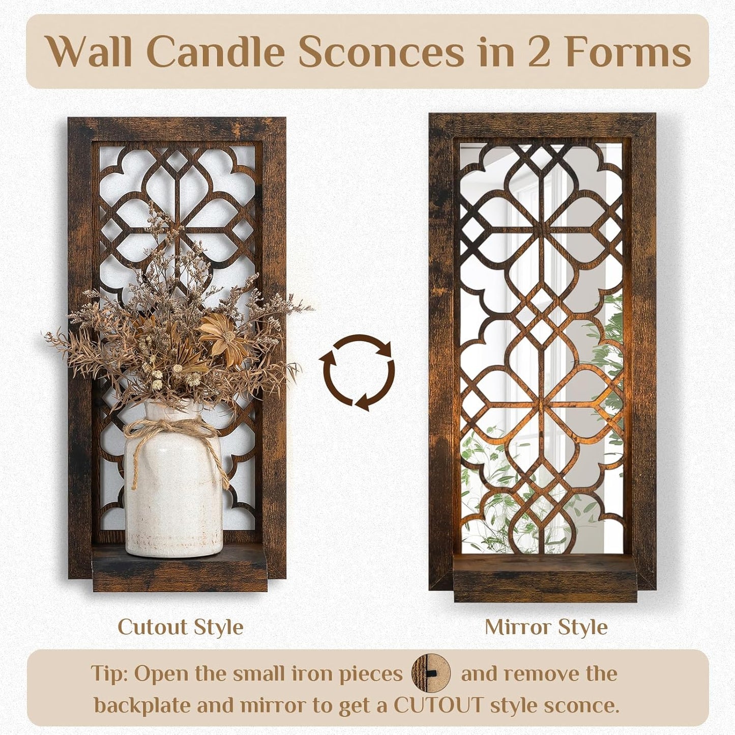 Farmhouse Wall Candle Holder Decor: Rustic Candle Sconces Set of Two for Pillar Candles - Brown Wooden Shelving for Fireplace Bathroom Hallway