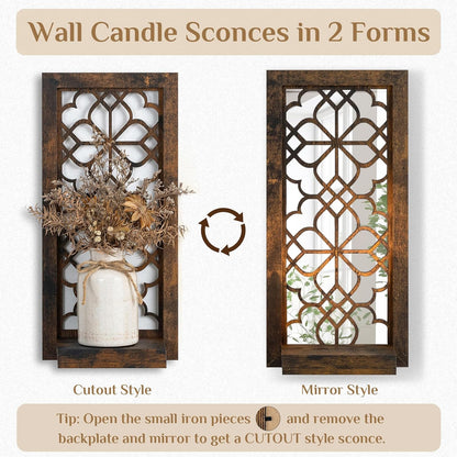 Farmhouse Wall Candle Holder Decor: Rustic Candle Sconces Set of Two for Pillar Candles - Brown Wooden Shelving for Fireplace Bathroom Hallway