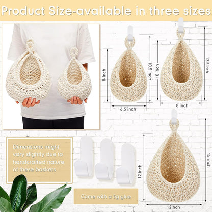 Honeydak Boho Decor Hanging Wall Baskets for Kitchen 3 Pack Teardrop Baskets with Hooks Storage Fruit Onion Vegetable Potato for Home 3 Sizes(Linen,Teardrop,Jute)