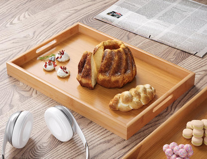 Fibogollo Bamboo Set of 2 Serving Tray with Handles,Decorative Trays Platter,Breakfast Tray in Bed,Food Drinks Tray for Eating,Working,Storing(Brown)