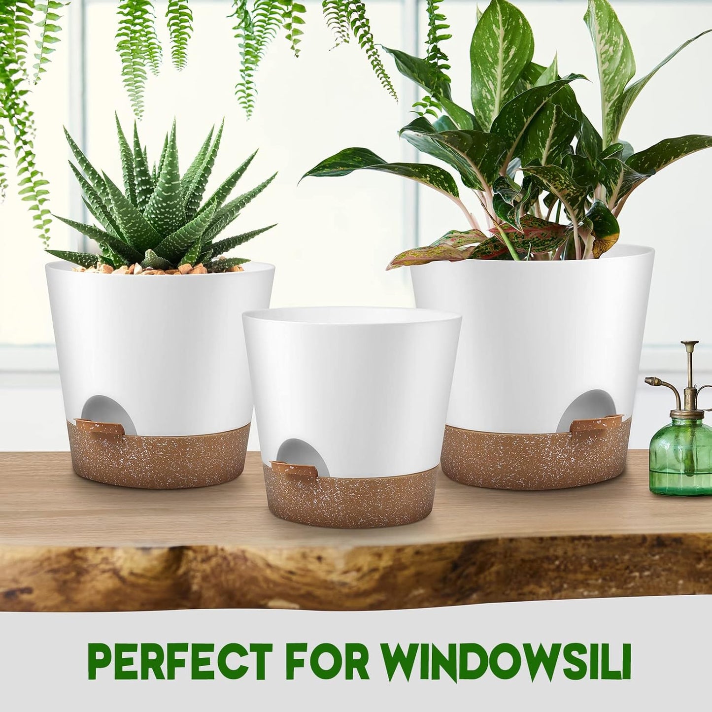YNNICO Indoor Self Watering Planters with Drainage Holes and Saucers, 8, 7, 6.5, 6, 5.5, 5 Inches, Black, 6 Pots