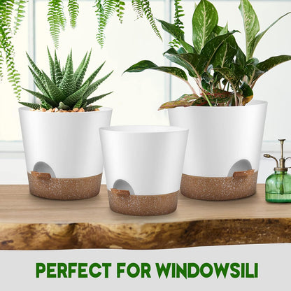 YNNICO Indoor Self Watering Planters with Drainage Holes and Saucers, 8, 7, 6.5, 6, 5.5, 5 Inches, Black, 6 Pots