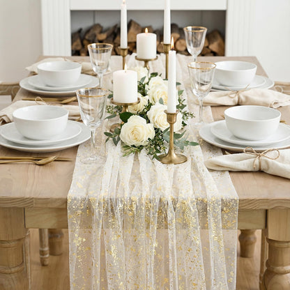 Artoid Mode Beige Gold Gauze Table Runner 120 Inch 10FT, Glitter Metallic Foil Sheer Dining Wedding Anniversary Holiday Birthday Table Decor for Home Party