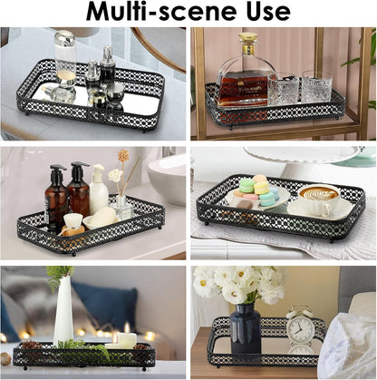 ELLDOO Perfume & Makeup Vanity Tray - Hollow-Carved Jewelry Storage, Glass & Metal Trinket Organizer for Dresser & Bathroom Countertop, Gold, Medium Size