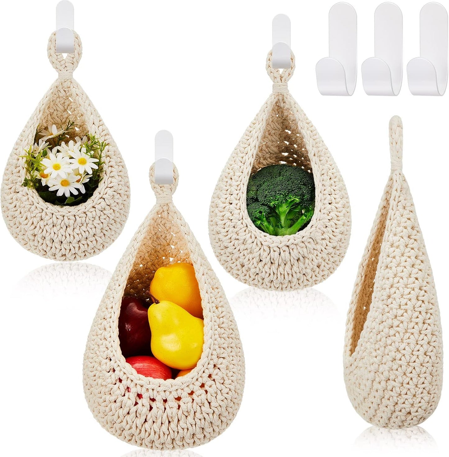 Honeydak Boho Decor Hanging Wall Baskets for Kitchen 3 Pack Teardrop Baskets with Hooks Storage Fruit Onion Vegetable Potato for Home 3 Sizes(Linen,Teardrop,Jute)