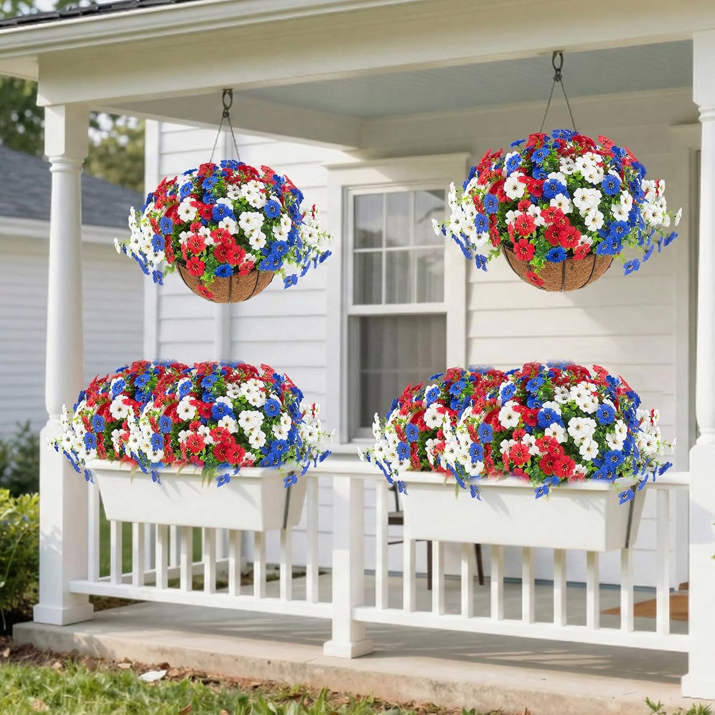 Hananona 2 Set Artificial Outdoor Flowers with Hanging Basket, 2 Hanging Planters with 24 Pcs Flowers for Spring Summer Front Porch Garden Patio Home Decor (2, Red, Purple, Yellow, Rose Red)