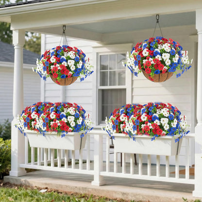 Hananona 2 Set Artificial Outdoor Flowers with Hanging Basket, 2 Hanging Planters with 24 Pcs Flowers for Spring Summer Front Porch Garden Patio Home Decor (2, Red, Purple, Yellow, Rose Red)
