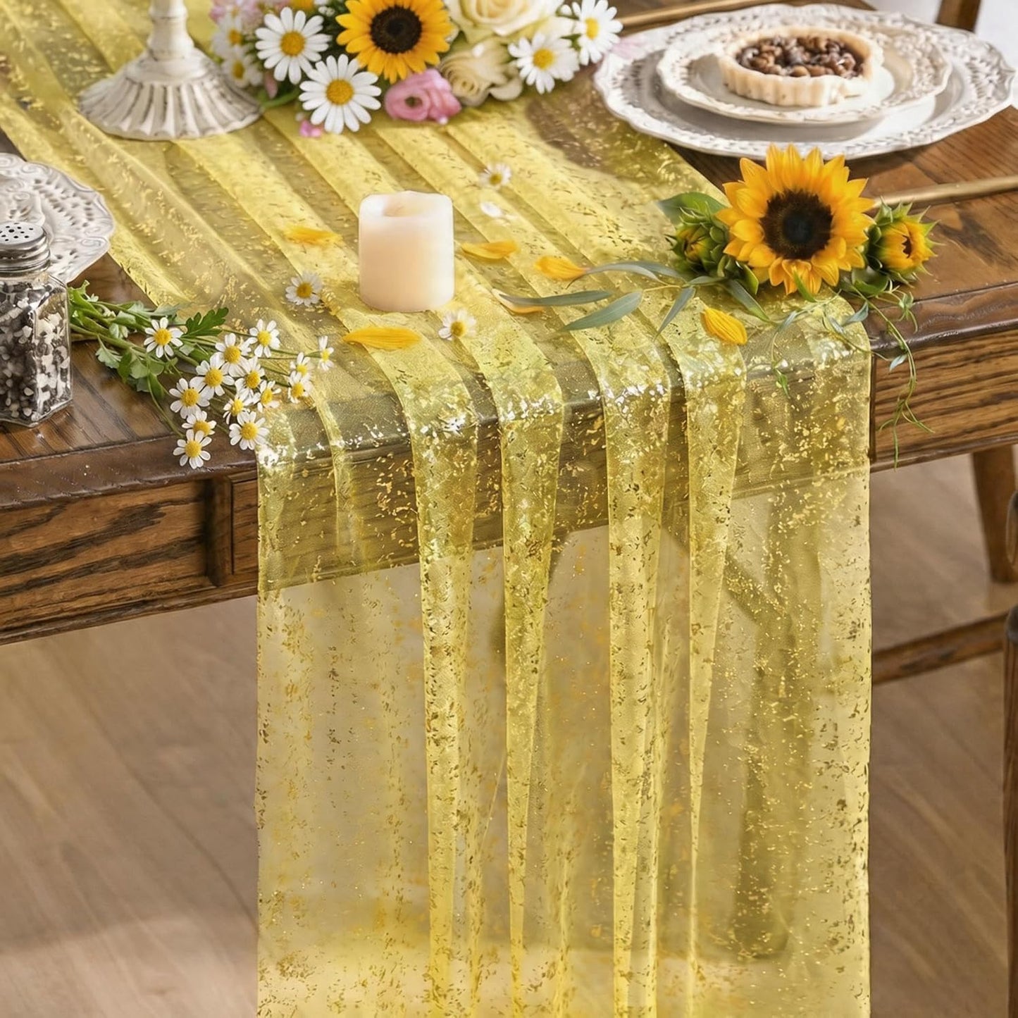 Artoid Mode Beige Gold Gauze Table Runner 120 Inch 10FT, Glitter Metallic Foil Sheer Dining Wedding Anniversary Holiday Birthday Table Decor for Home Party