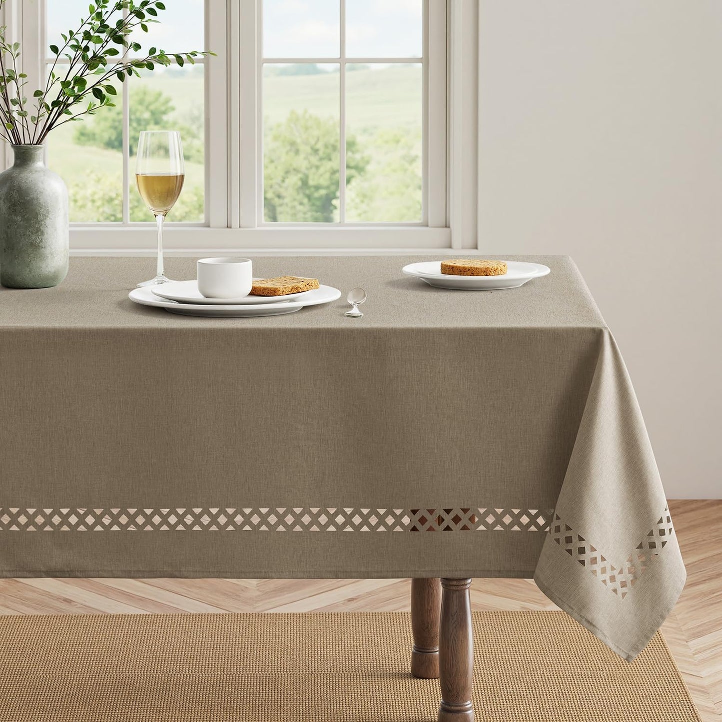 MIULEE Beige Rectangle Linen Polyester Tablecloth with Decorative Cutouts Spring Waterproof Stain Resistant & Shrink-Proof Table Cloth 52x70 inch Farmhouse Style for Dining Wedding and Outdoor