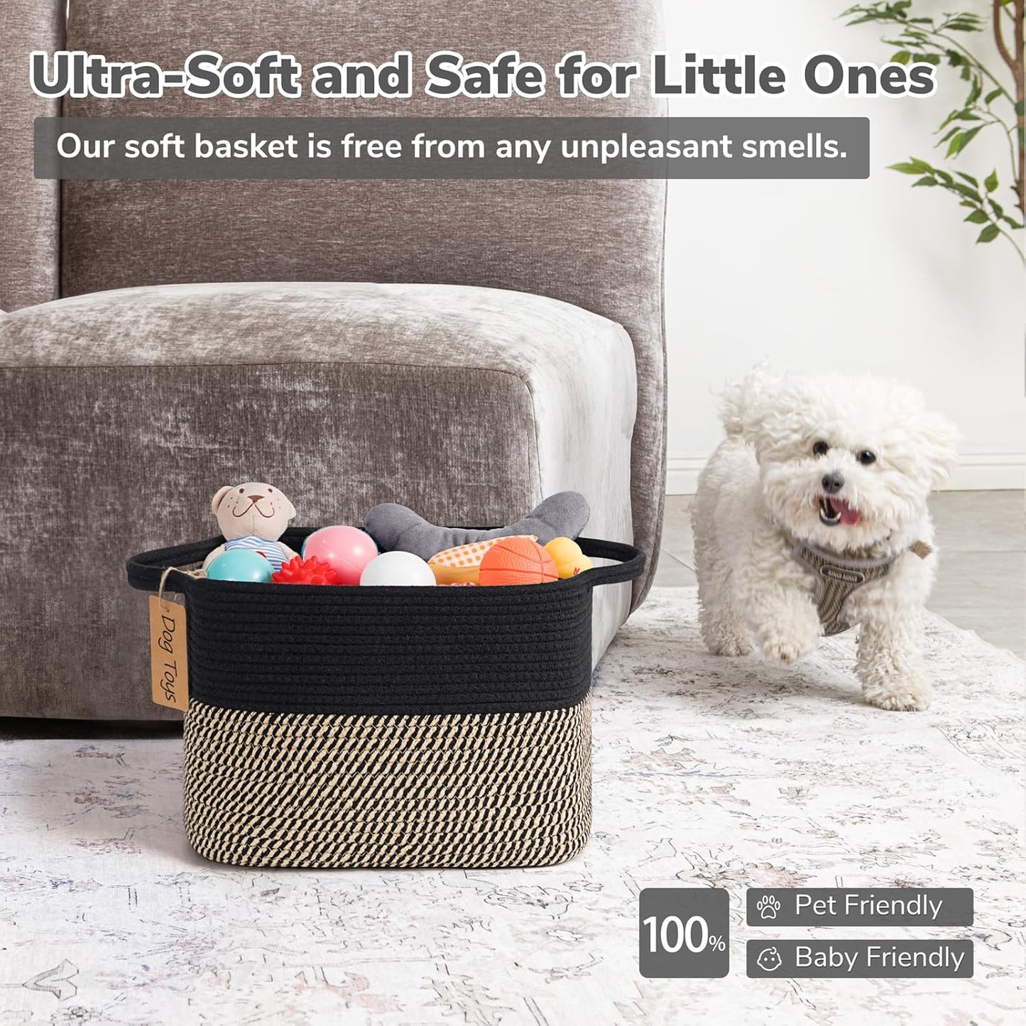 Goodpick Woven Storage Basket, Cotton Rope Basket for Dog Toys, Books, Stylish Gift Basket with Handles, 13 x 10 x 9 Inches Square Baskets for Organizing, Brown and White