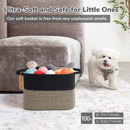 Goodpick Woven Storage Basket, Cotton Rope Basket for Dog Toys, Books, Stylish Gift Basket with Handles, 13 x 10 x 9 Inches Square Baskets for Organizing, Brown and White