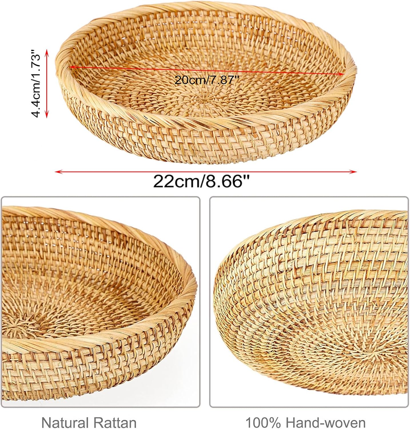 Hipiwe Small Key Basket Bowl for Entryway 7.6" Round Woven Wicker Basket Fruit Serving Tray Woven Basket Wall Decor Rattan Organizer Basket for Keys, Wallet,Whitewash