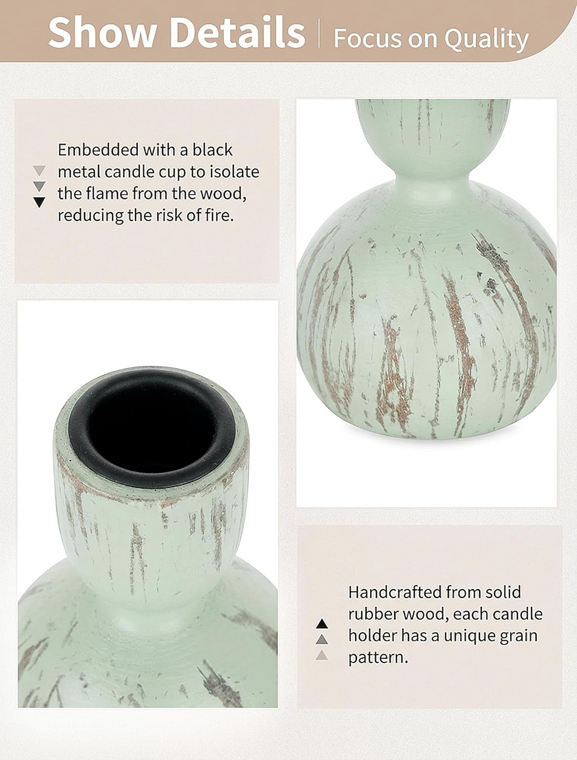 NUPTIO Candle Stick Holders Decor: Set of 3 Farmhouse Wooden Taper Candle Holders - Rustic Sage Green for Home Coffee Dinner Table
