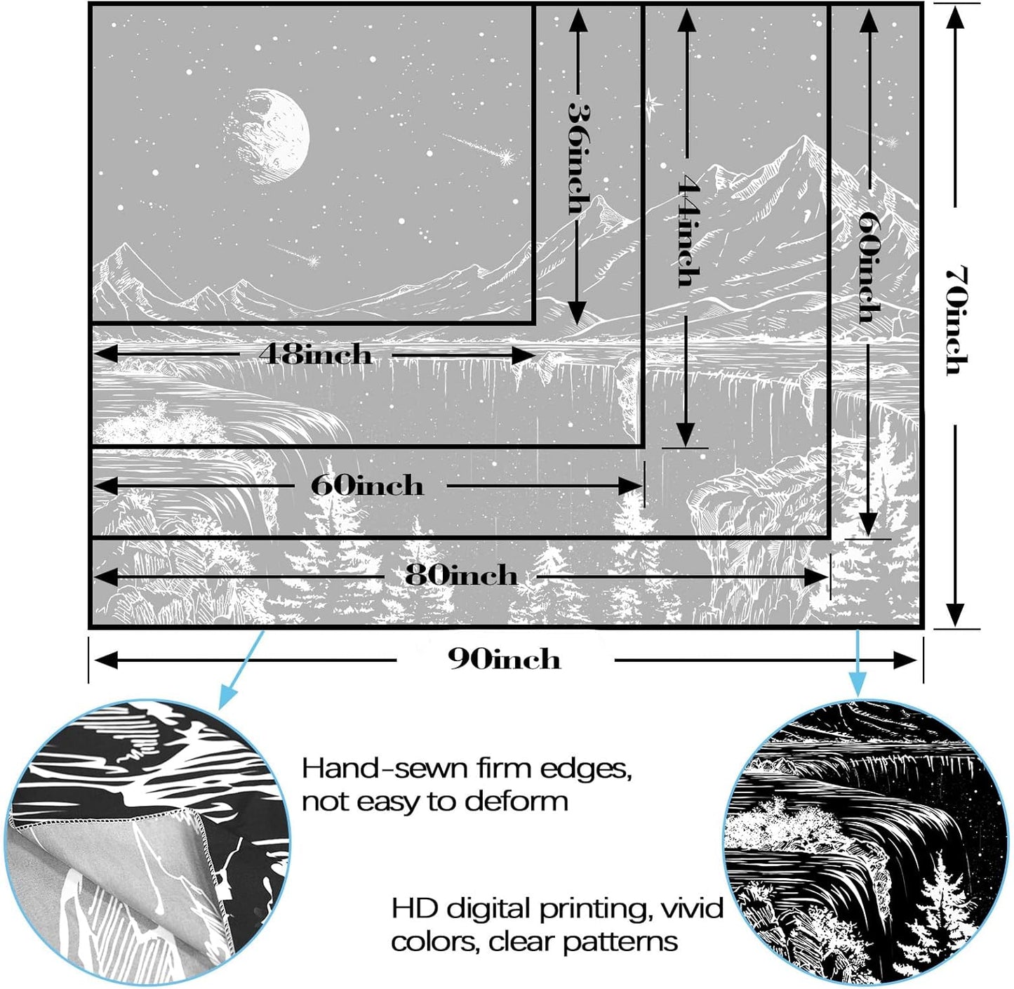 Zussun Black and White Tapestry Starry Night Mountain Tapestries for Bedroom Aesthetic Moon and Stars Tapastry's Wall Hanging Dark Nature Forest Wall Tapestry for Living Room Dorm (48'' × 36'')