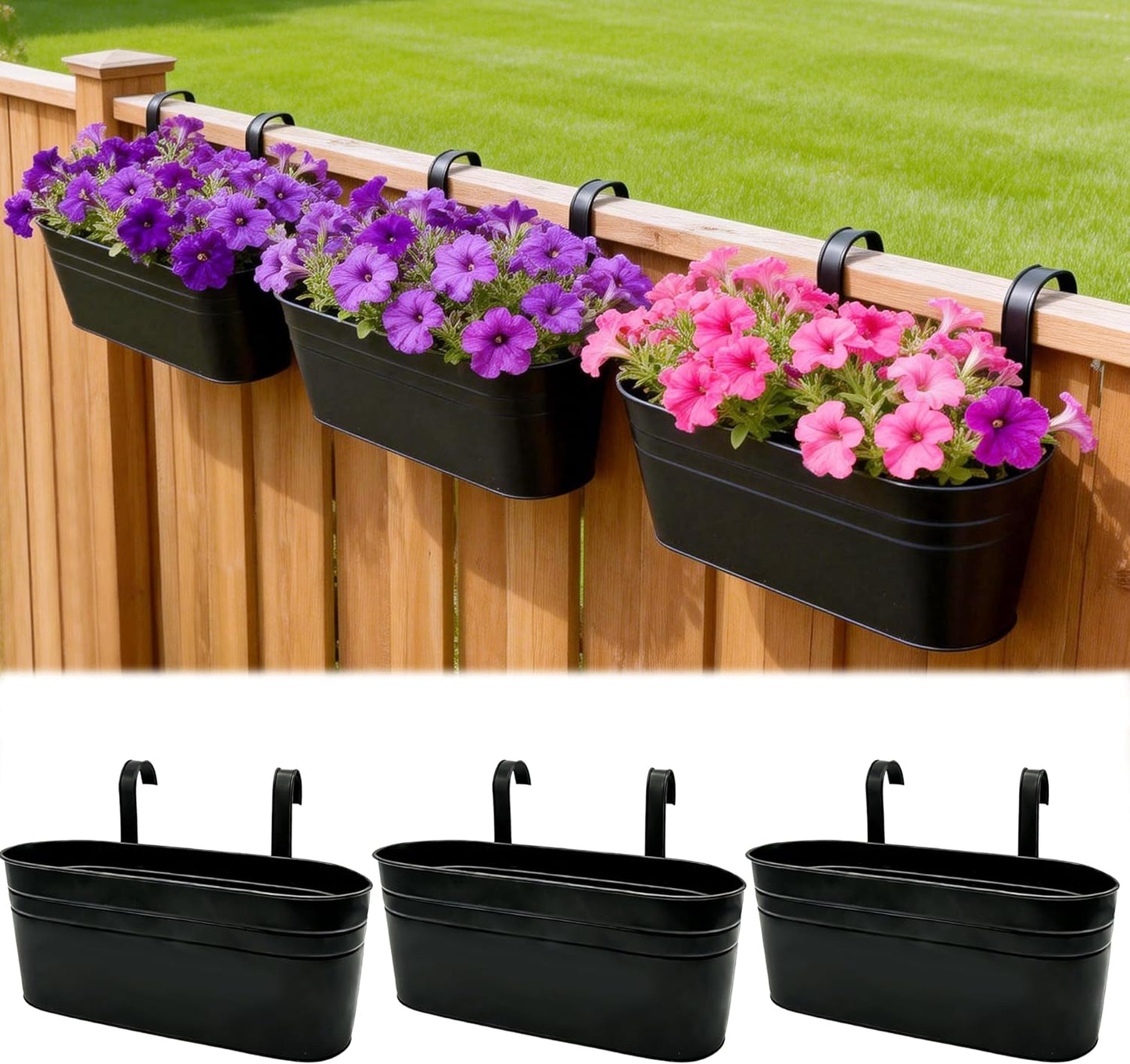 Metal Railing Planter Boxes 16 Inch, 3-Pack Adjustable Hanging Flower Pots for Balcony, Deck, Porch & Fence, Detachable Hook Design, Black Heavy Duty Planters for Outdoor